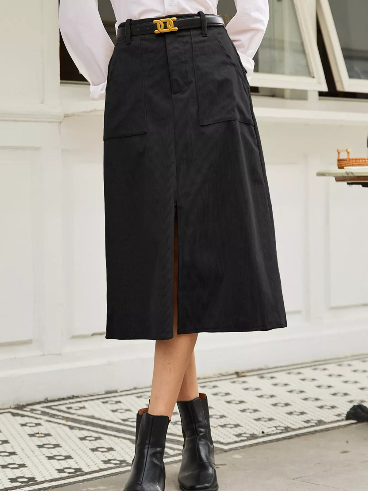Front Slit Shift High Waist Midi Skirt