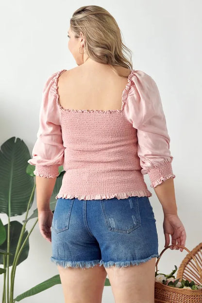 GeeGee Full Size Ruffled Smocked Frill Square Neck Top Plus Size