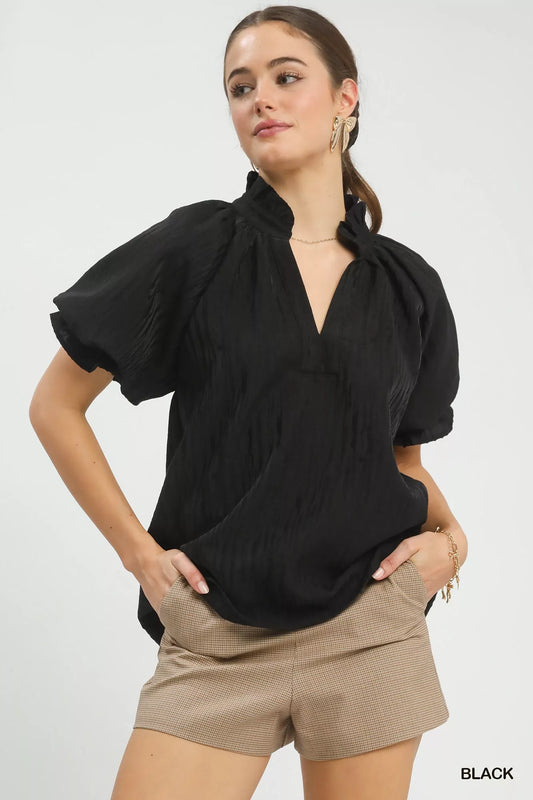 Umgee Textured Puff Sleeve Split Neck Top