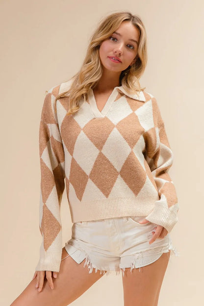 BiBi Diamond Pattern Collared Notch Neck Sweater