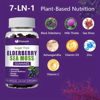 Sugar Free Elderberry Sea Moss Gummies - Immune Support, Daily Wellness & Energy Boost Supplement, 60 Count