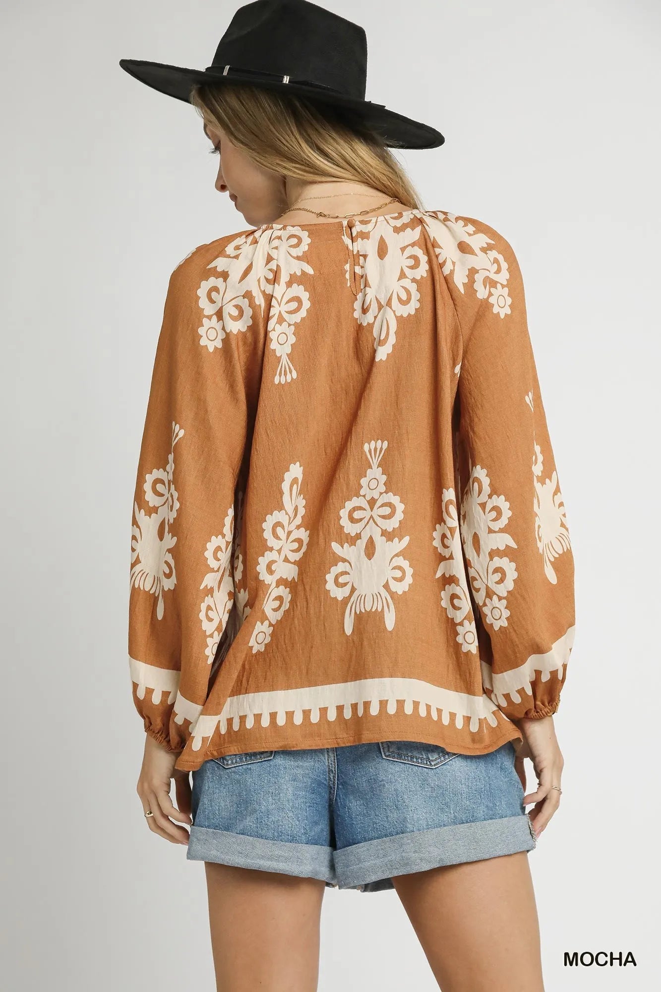 Umgee Full Size Two Tone Border Print Top with Balloon Sleeves Plus Size