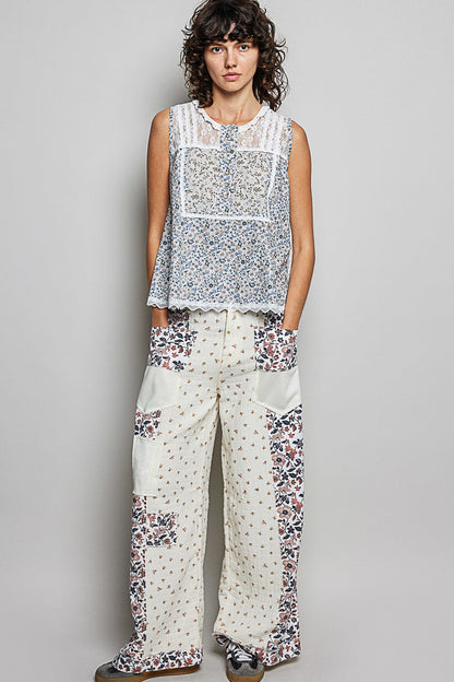 POL Printed Woven Lace Back Round Neck Sleeveless Top