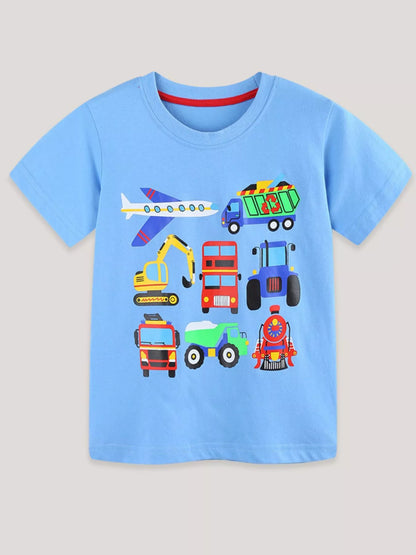 Children's Cartoon Vehicle Crew Neck Short Sleeve T-Shirt