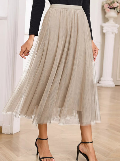 Tulle Mesh Overlay Flared Midi Skirt
