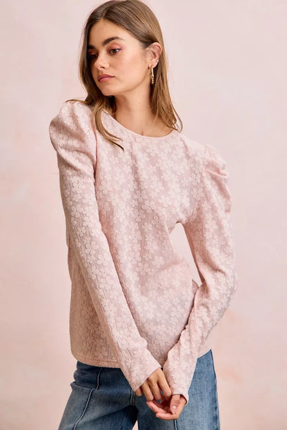 BiBi Textured Flower Knit Puff Shoulder Top