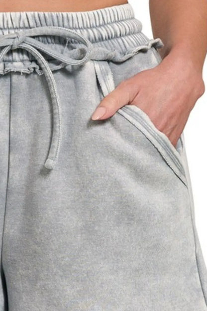 Zenana Acid Wash Fleece Drawstring Shorts With Pockets