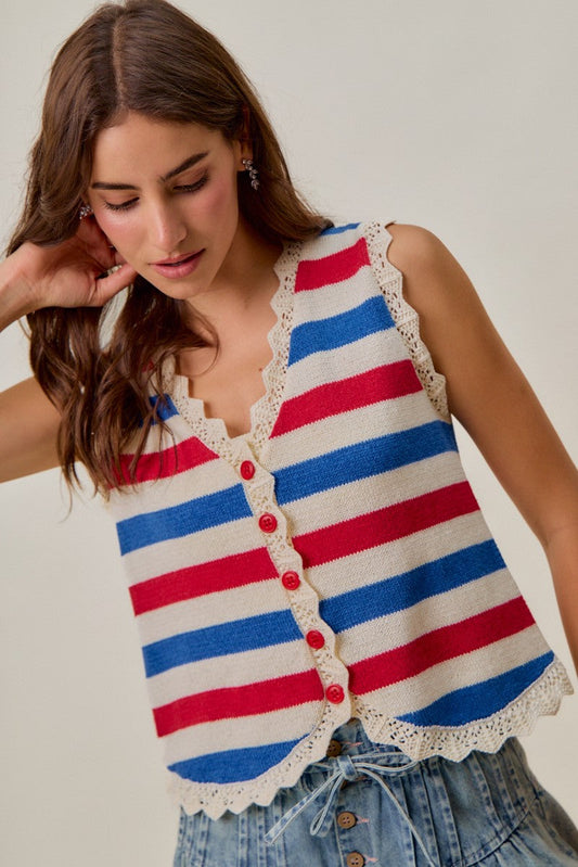 SO ME Fourth Of July Stripe Button Down Vest Top