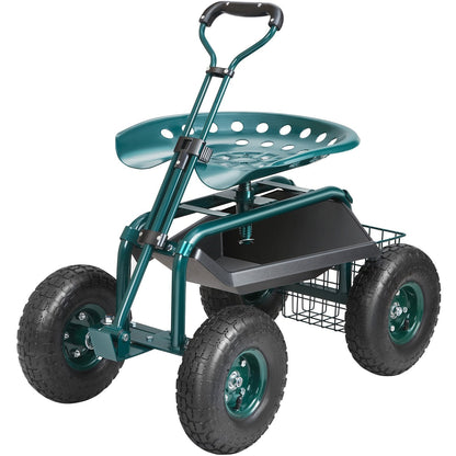 VEVOR Garden Cart Rolling Workseat With Wheels, Gardening Stool For Planting, 360 Degree Swivel Seat, Wagon Scooter With Steering Handle & Utility Tool Tray, Use For Patio, Yard, And Outdoors, Green