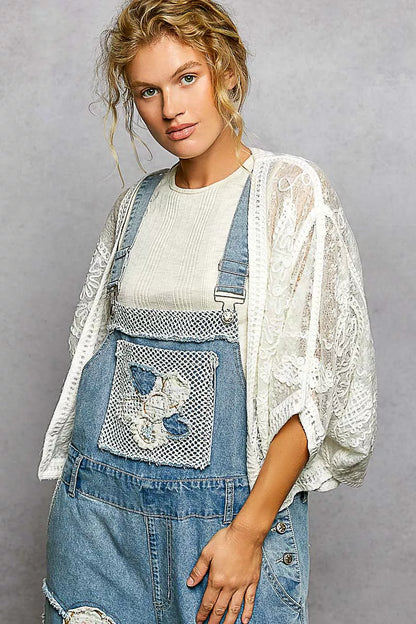 POL Open Front Crochet Cardigan with Floral Embroidery