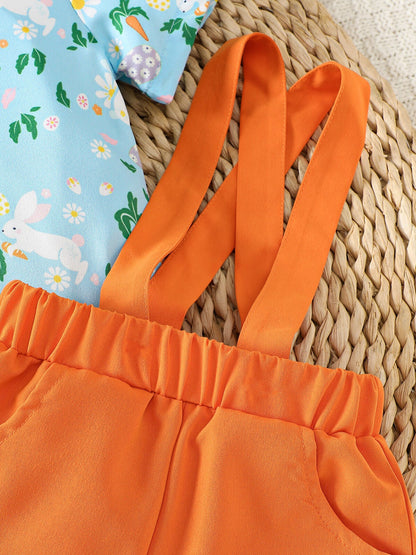 Children's Bunny Print Bodysuit & Suspender Shorts Set