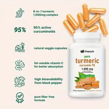 Pure Turmeric Curcumin 1000mg 120 Capsules With Ginger Black Pepper And Vitamin C For Joint Health