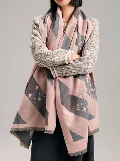 Cute Cat Pattern Plaid Raw Hem Scarf