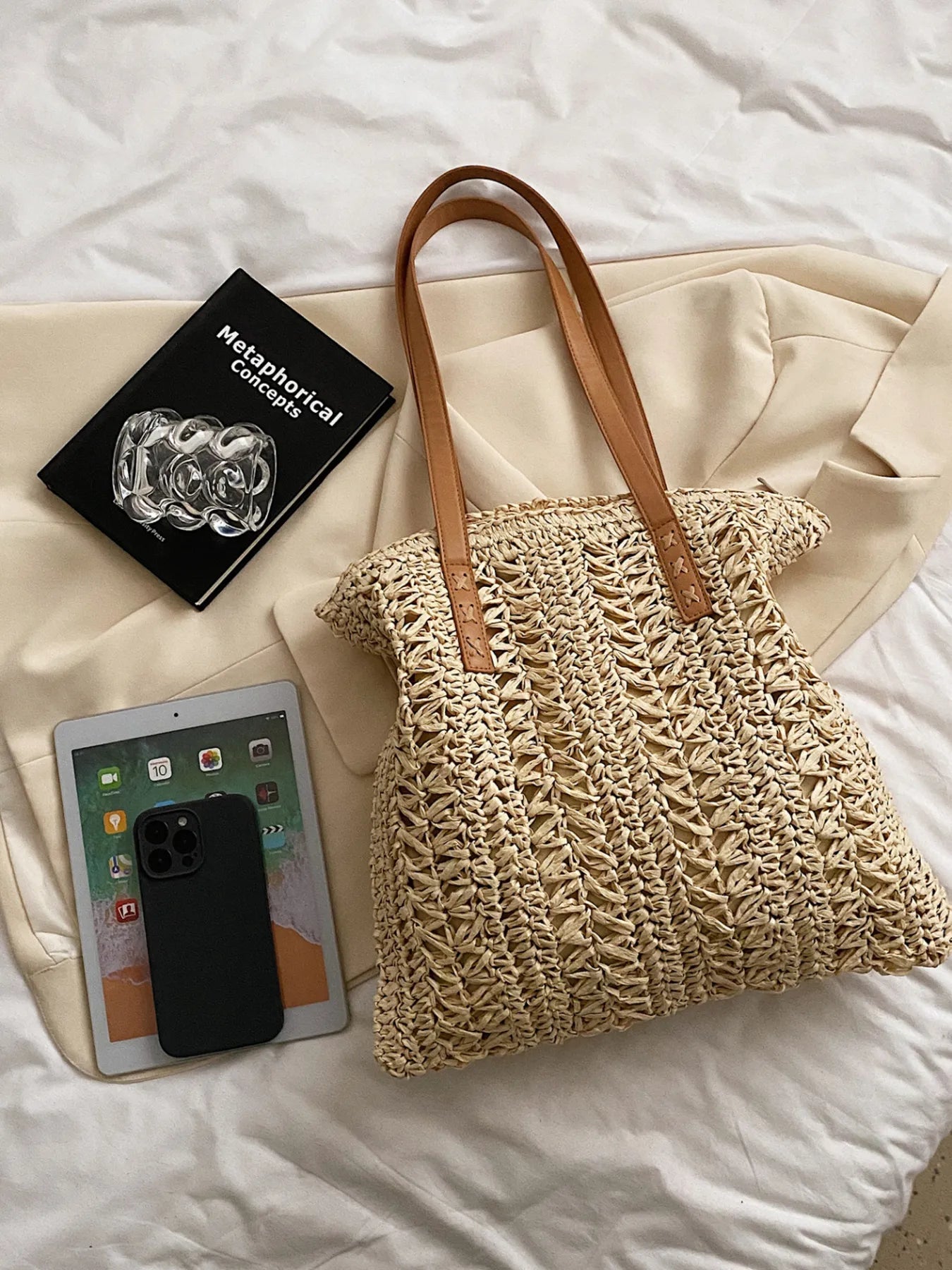 Woven Straw Summer Shoulder Bag with Leather Handles