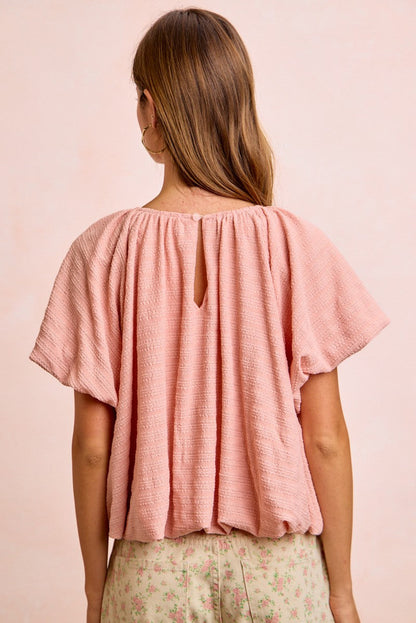 BiBi Stripes Textured Shirred Neckline Bubble Hem Top