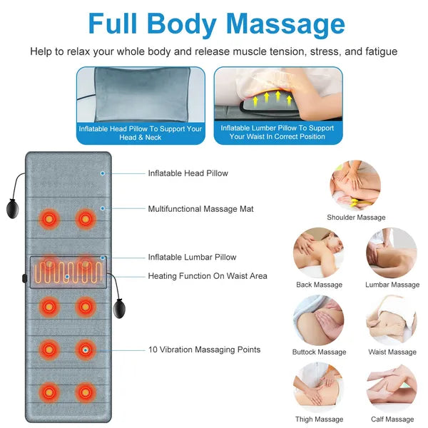 Full Body Electric Massage Mat With Heat Vibration Massage Pad Cushion Back Massage Mattress Chair Pad With Inflatable Head Lumbar Pillow With 10 Vibration Motors 3 Timers Anti-Slip Bottom Earplugs