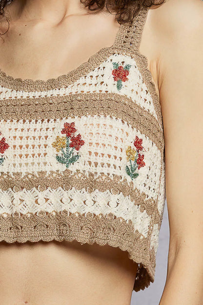 POL Floral Embroidered Cropped Crochet Cami with Scalloped Hem