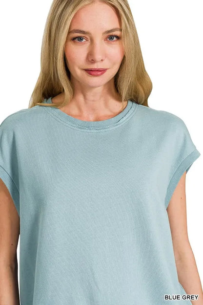 Zenana French Terry Round Neck Cap Sleeve T-Shirt