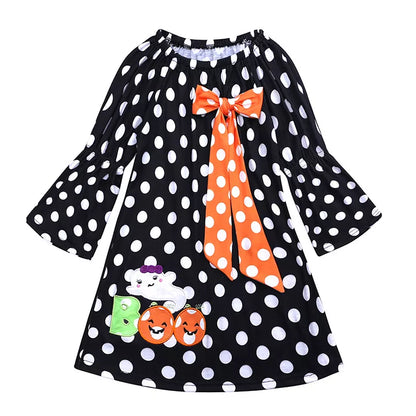 Children's Halloween Ghost Polka Dot Dress with Bow