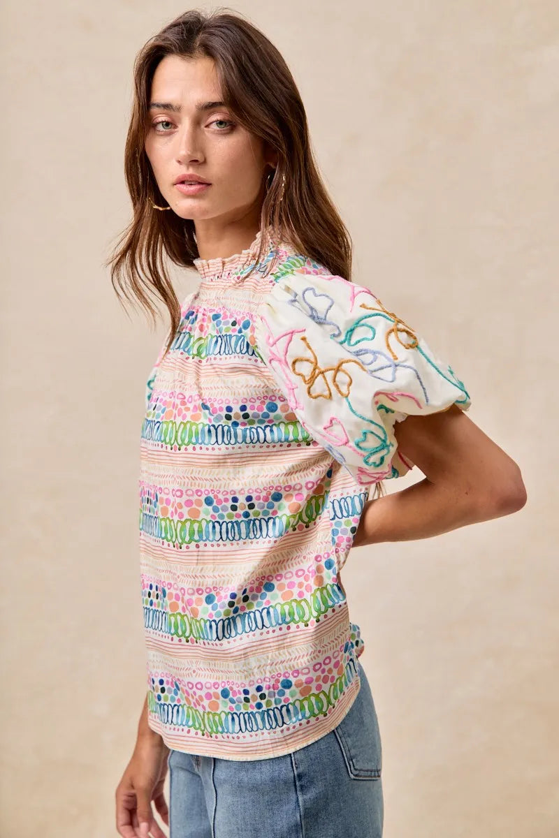 BiBi Ruffle Neckline Blouse With Embroidery Bubble Sleeve