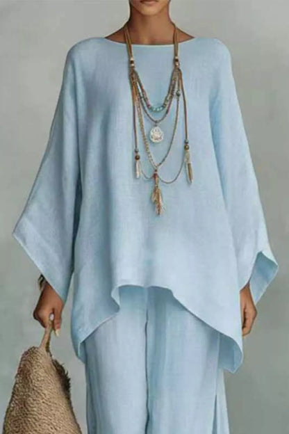 Solid Color Long Sleeve Top and Wide Leg Pants Set
