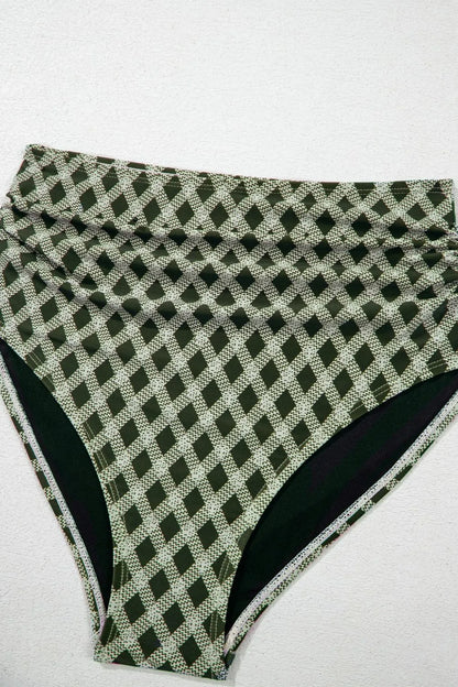 Dotted Mesh Plaid Patchwork High Waisted Swim Set