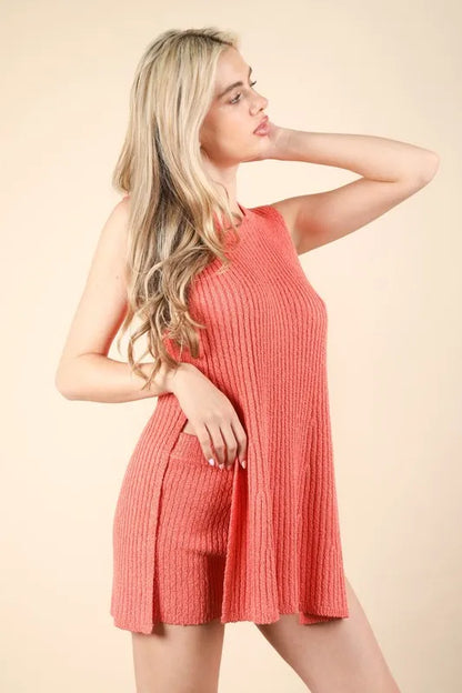 VERY J Slit Round Neck Top and Shorts Sweater Set