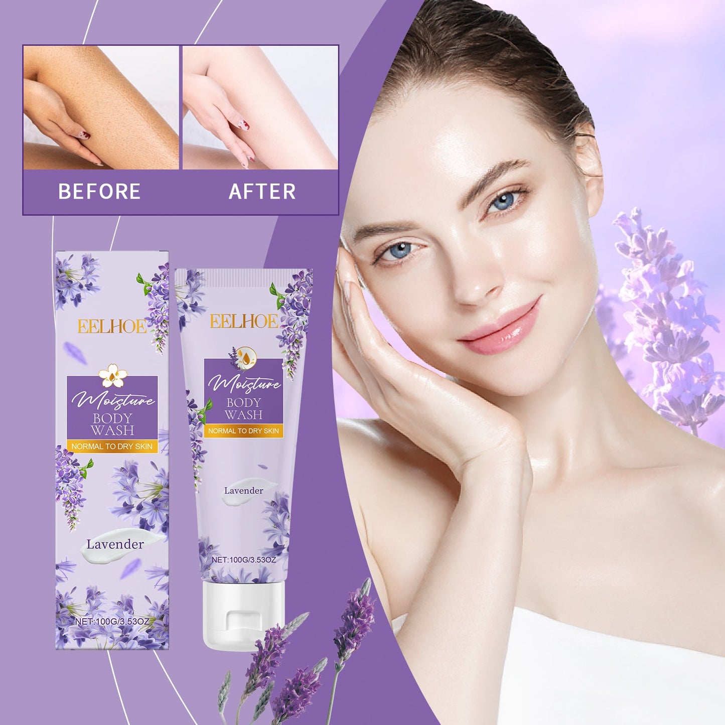 EELHOE  Lavender Moisturizing Shower Gel, Lavender Essence Cleanses And Moisturizes Skin Shower Gel