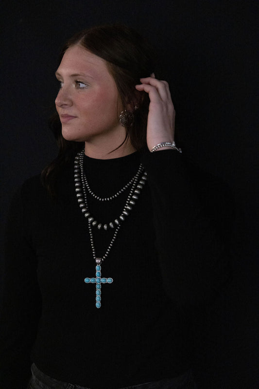 3 Layered Necklace with Faux Turquoise Cross Pendant - 16, 18 and 26 inch