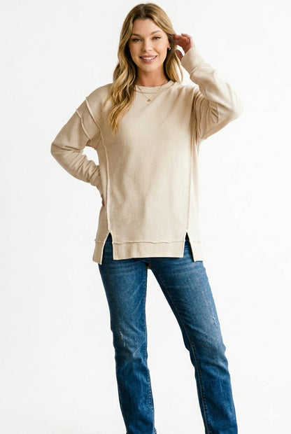 Zenana Acid Washed Double Ribbed Exposed-Seam Sweatshirt