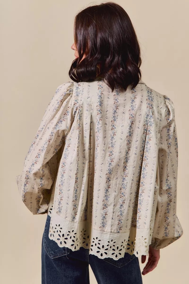 SO ME Floral Print Lace Button Down Shirt