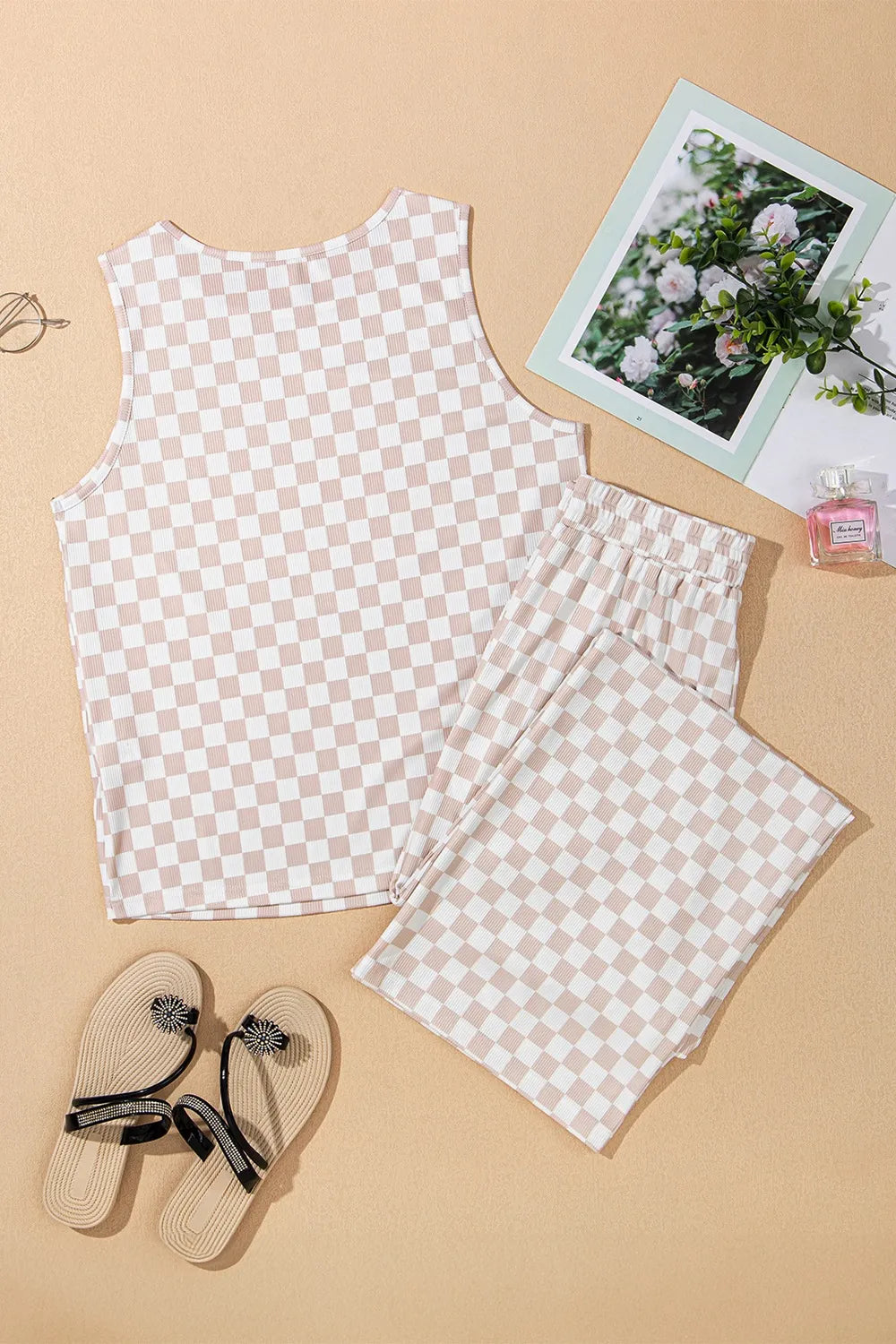 Ribbed Texture Checkered Print Tank and Pants Set