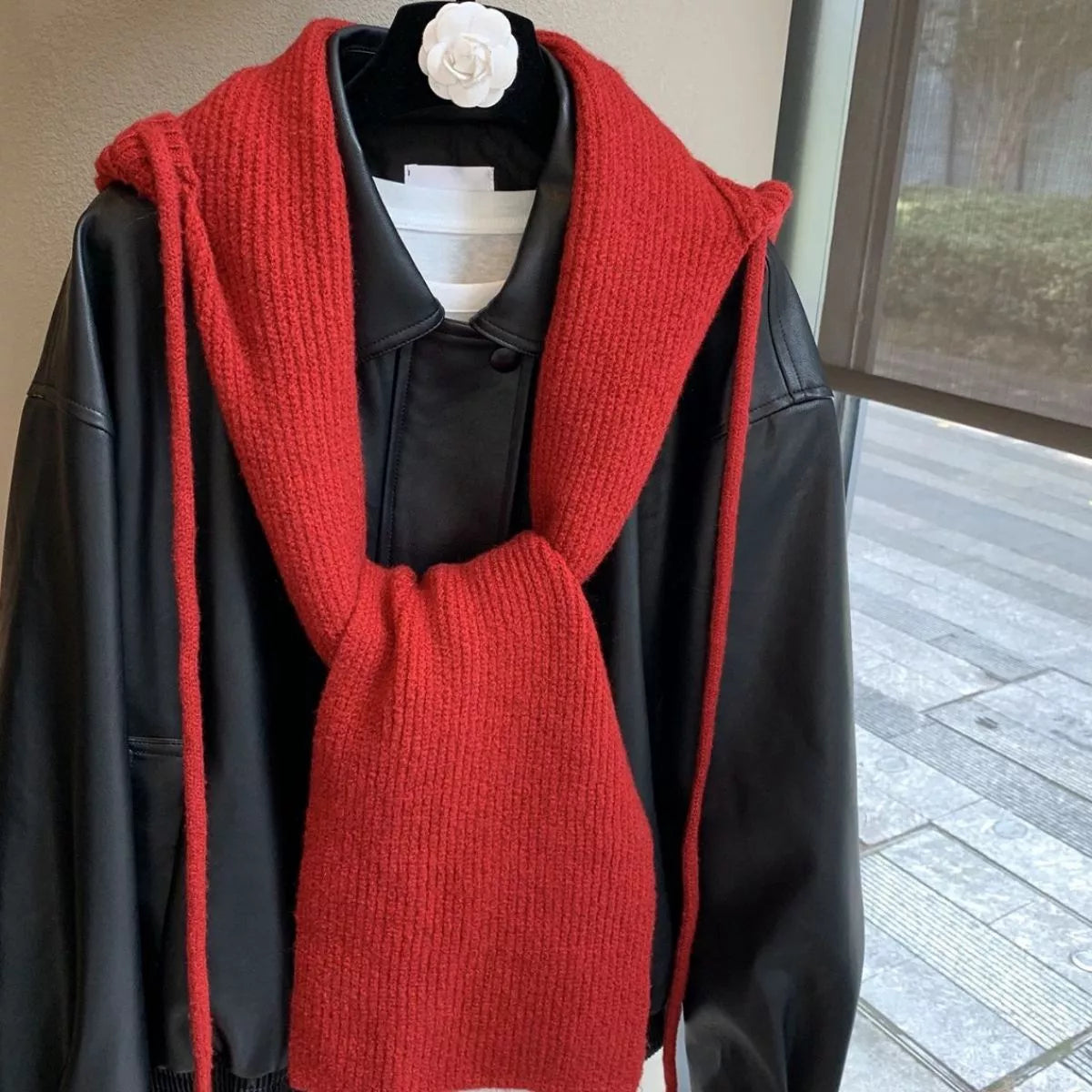 Cozy Knit Tie Scarf with Hooded Design