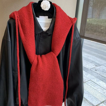Cozy Knit Tie Scarf with Hooded Design