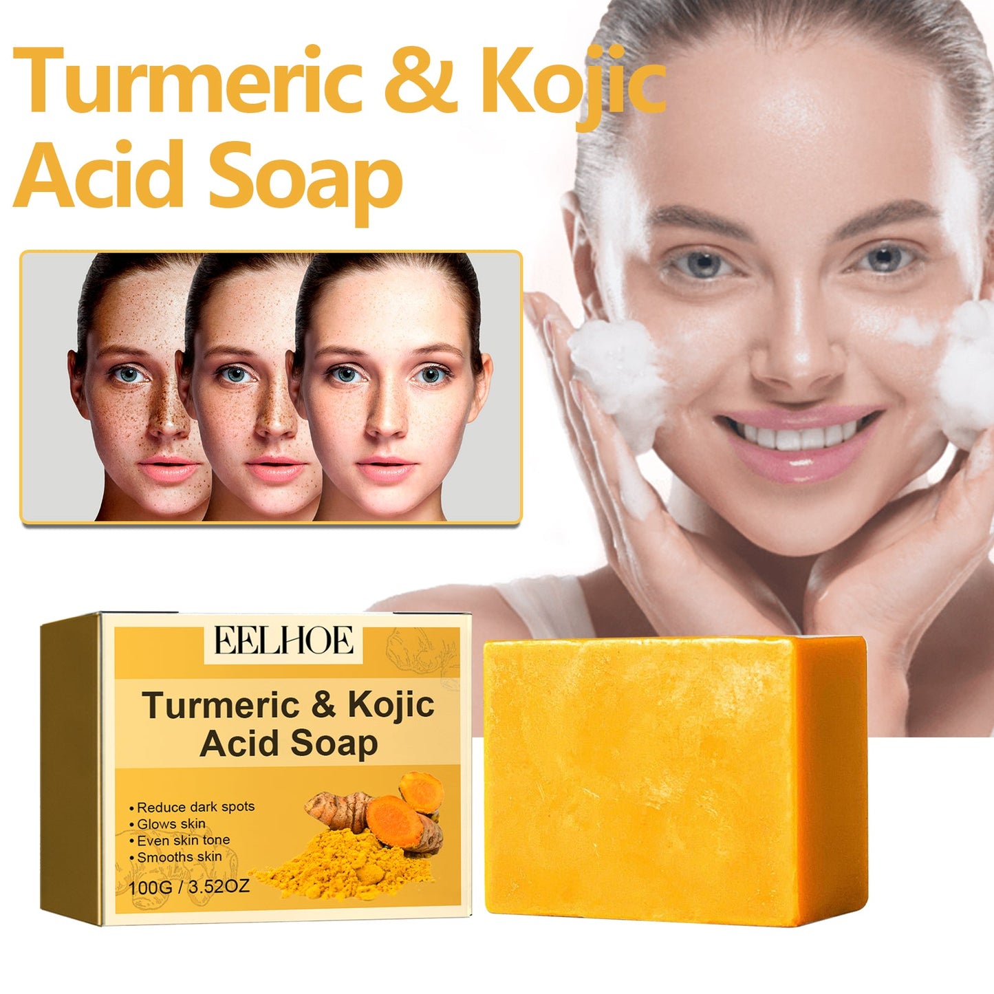 EELHOE Turmeric & Kojic Acid Soap, Gently Clean Face Fade Spots Brighten Skin Tone Moisturize And Moisturize Even Skin Tone