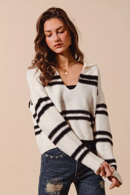 SO ME Fuzzy Hairy Stripe Deep U Neck Sweater