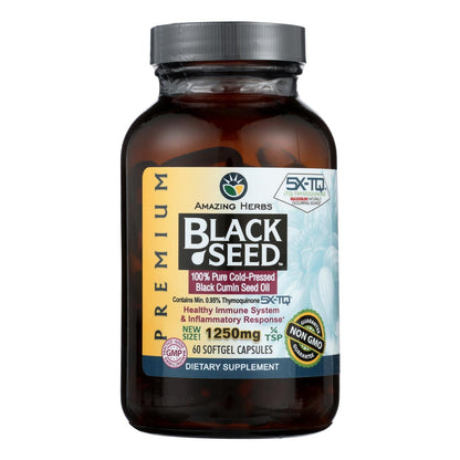 Premium Black Seed Oil Softgels – 1250mg - Amazing Herbs - Natural Capsules for Wellness (60 Softgels)