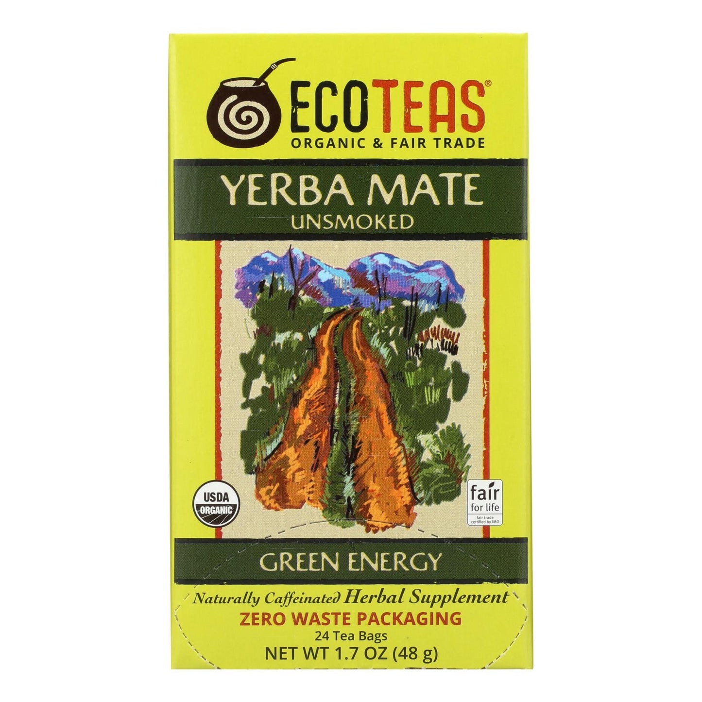 Ecoteas Unsmoked Organic Yerba Mate Green Energy Tea Bags, 6-Pack of 24 Bags