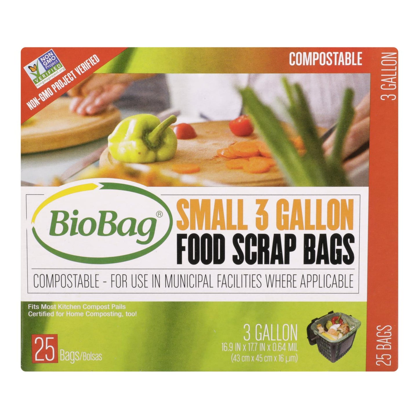Biobag Food Scraps Compostable Bags, 3 Gallon, 25 Count, Case of 12