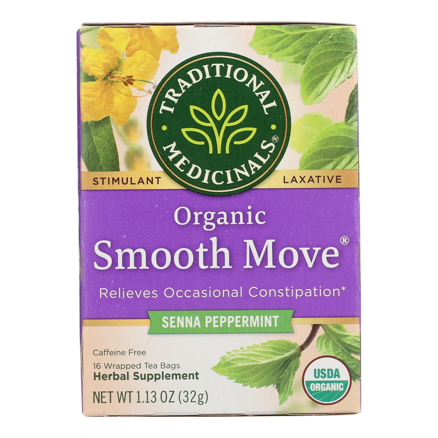 Traditional Medicinals Peppermint Herbal Tea, Organic Smooth Move, 16 Tea Bags (Pack of 6)