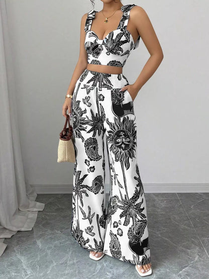 Floral Print Crop Top and Wide Leg Pants Set