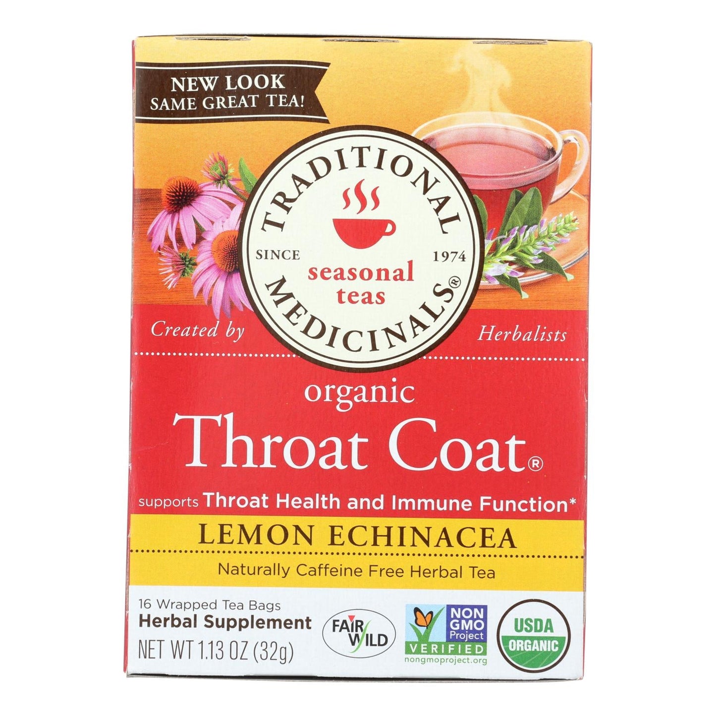 Traditional Medicinals Organic Lemon Echinacea Throat Coat Tea, 16 Bags, Case of 6 – Immune Support, Sore Throat Relief
