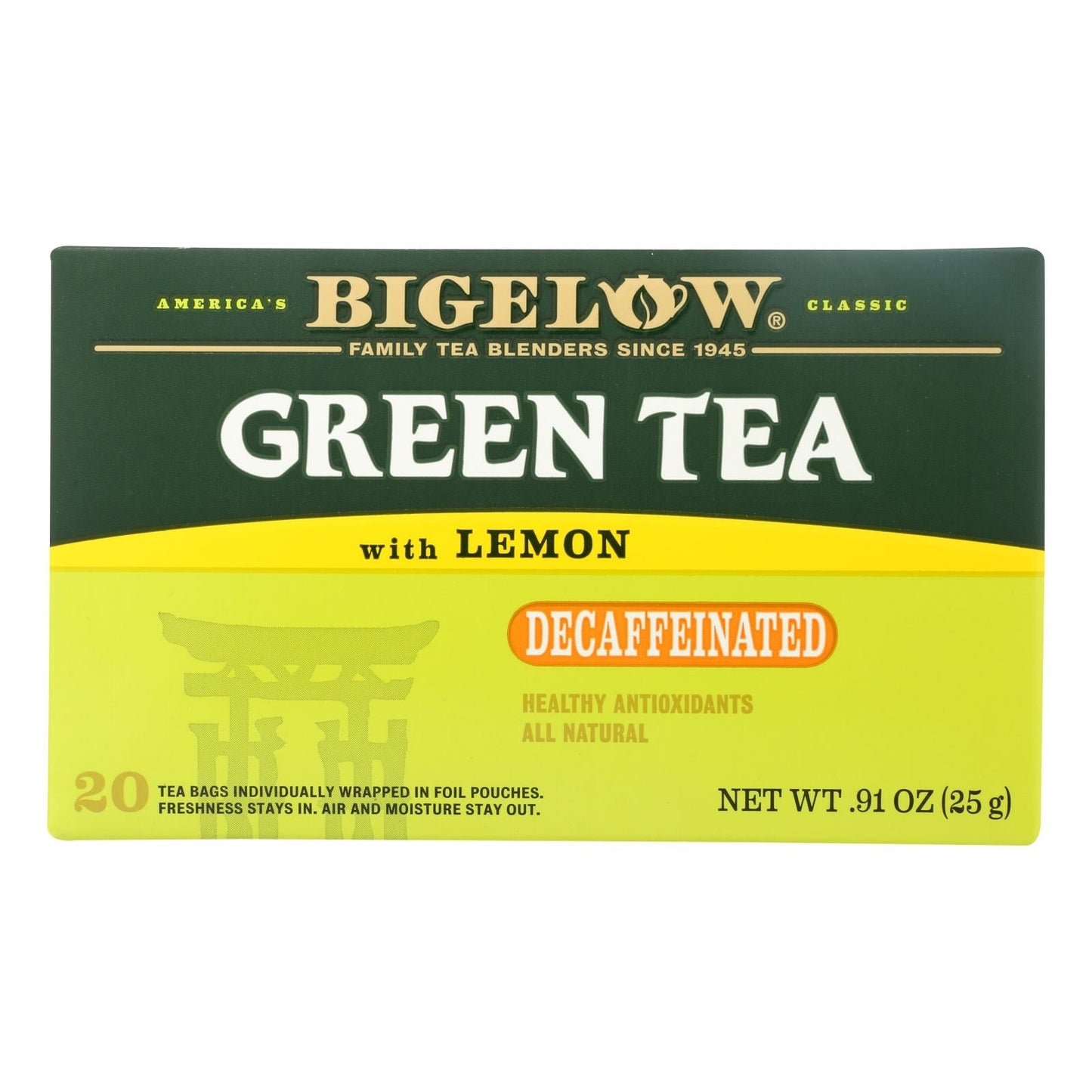Bigelow Decaf Green Tea with Lemon, Case of 6, 20 Tea Bags Each.