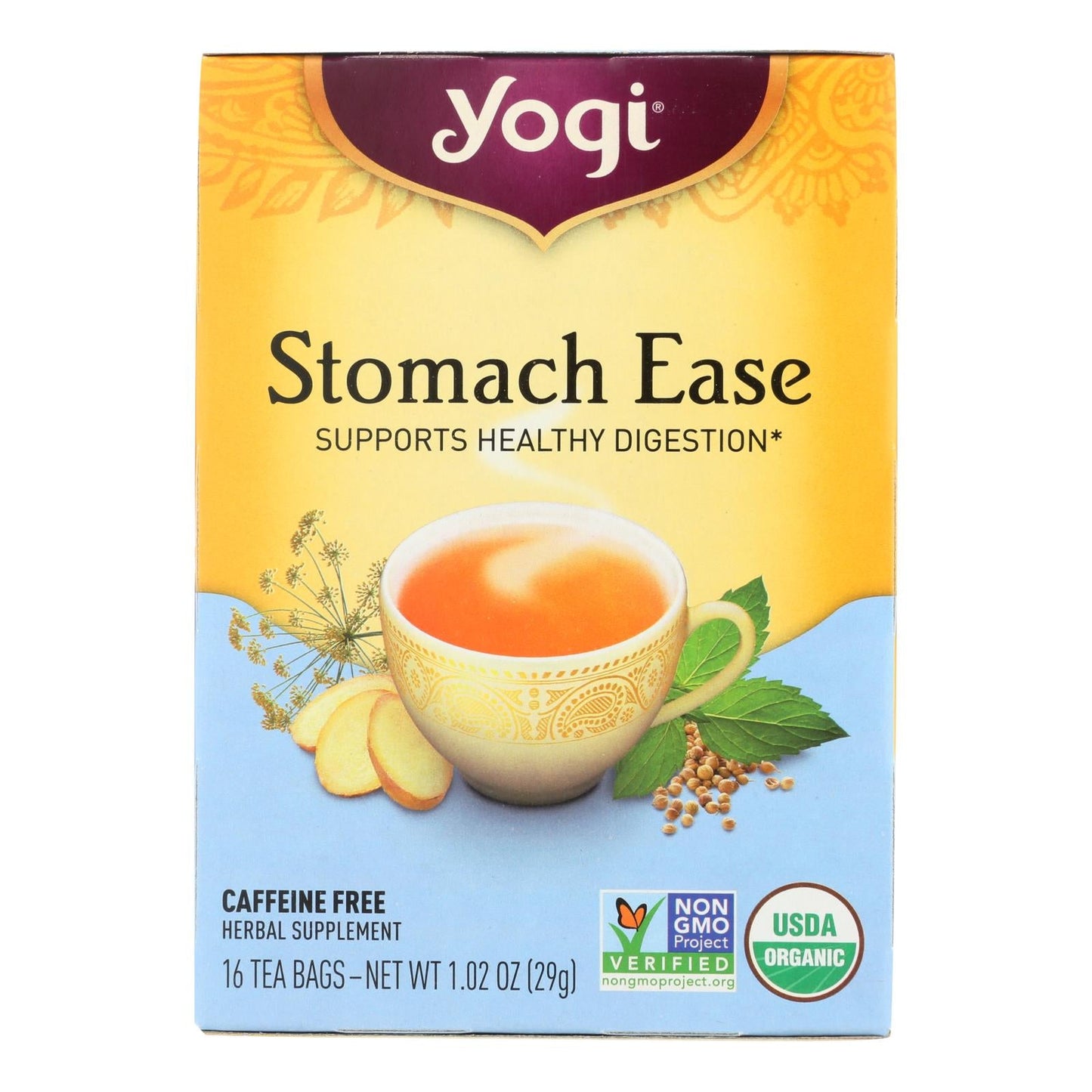 Yogi Organic Stomach Ease Herbal Tea - Digestive Support (Case of 6, 16 Tea Bags Each)
