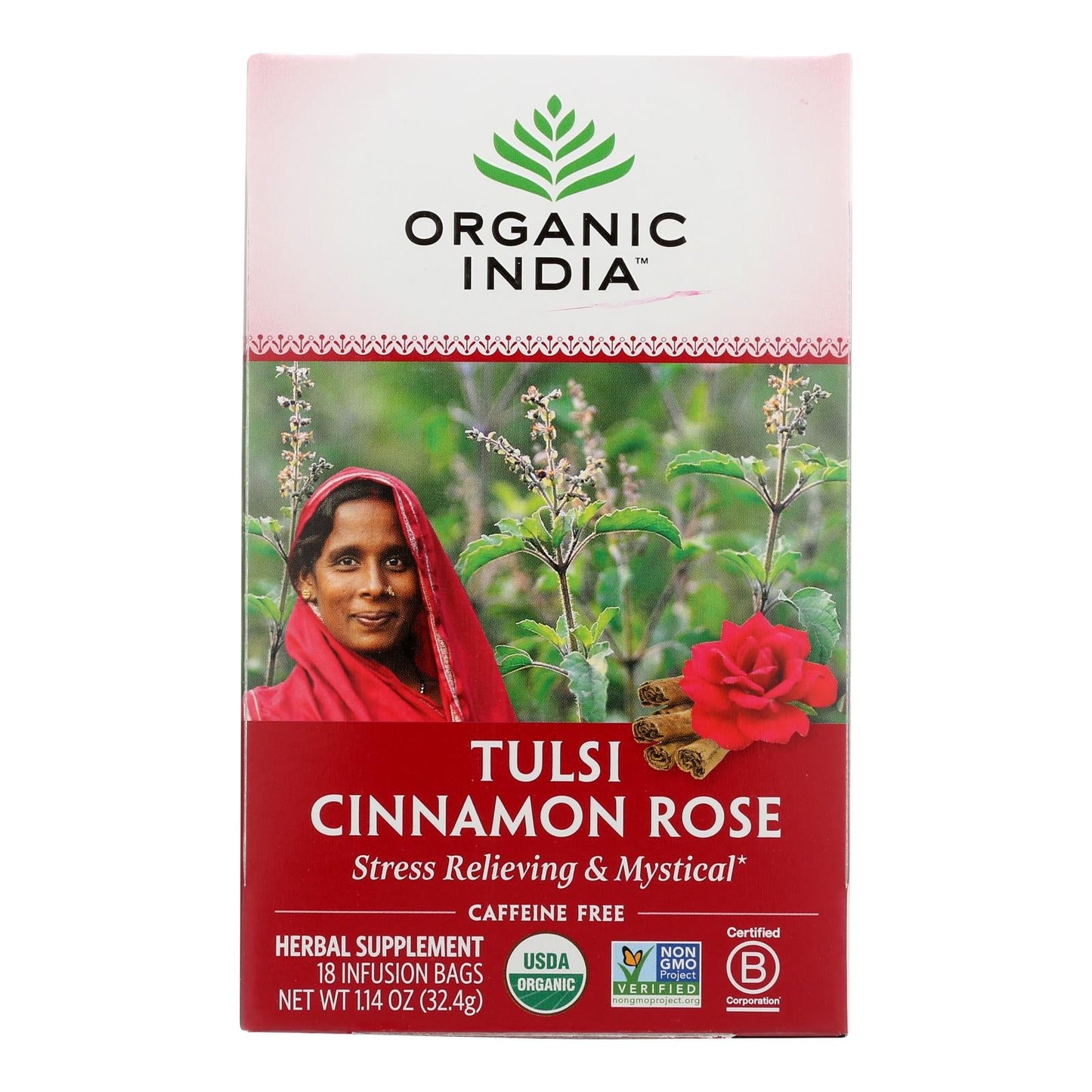 Organic India Tulsi Tea, Cinnamon Rose Flavor, 18 Tea Bags (Pack of 6)