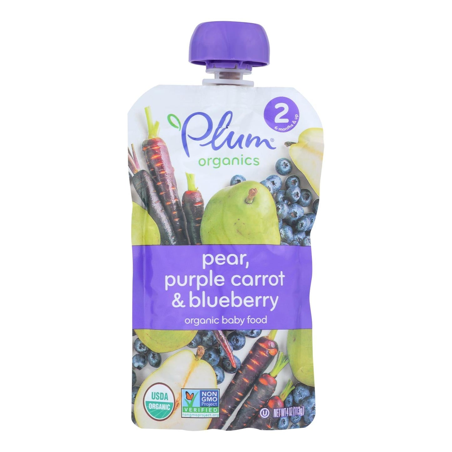 Plum Organics Baby Food Organic Blueberry, Pear & Purple Carrot Puree - 6 Pack (3.5oz Pouches)