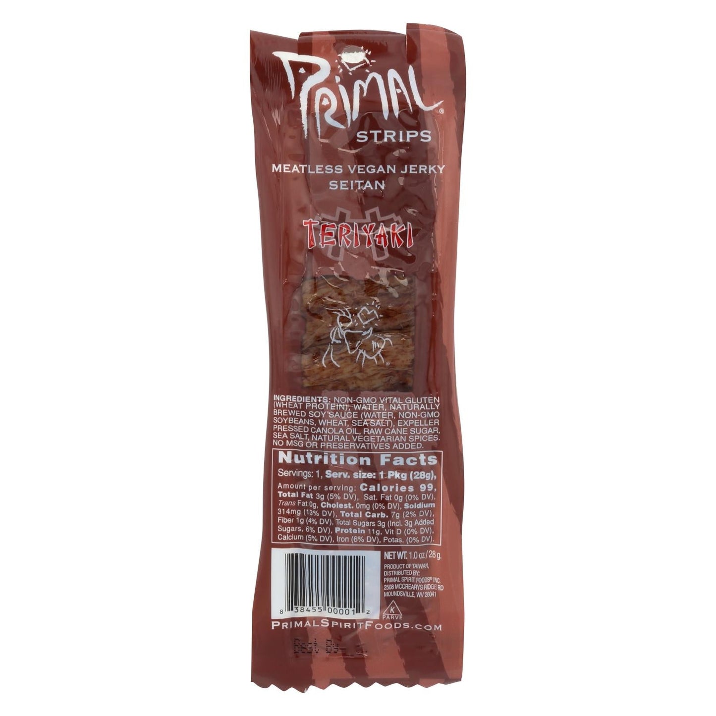 Primal Strips Vegan Jerky, Teriyaki, Meatless Seitan, 1 oz, Case of 24