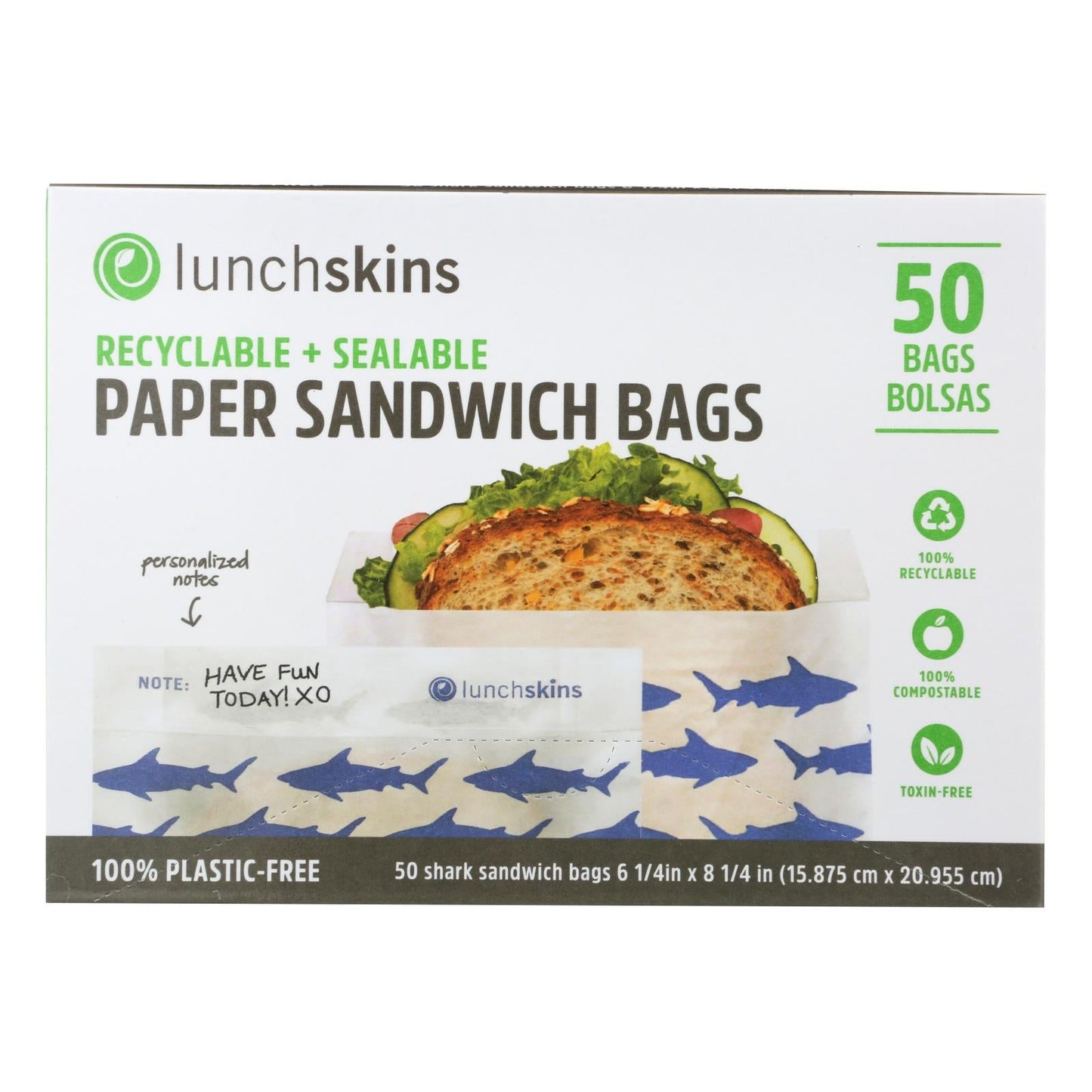 Lunchskins Pack of 12 Sealable Paper Sandwich Bags - 50 Count - Shark Design