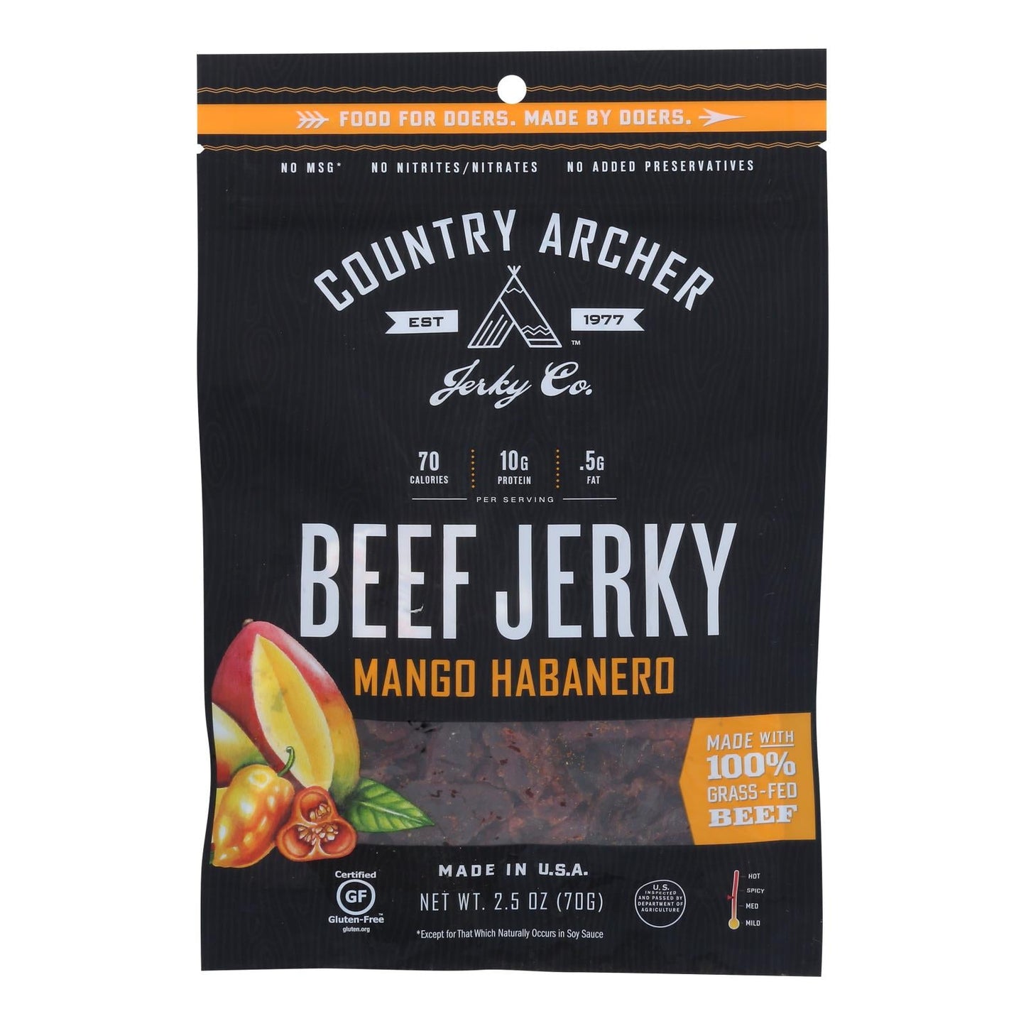 Country Archer Beef Jerky, Mango Habanero, Gluten-Free, Paleo, Case of 12 (2.5 oz)