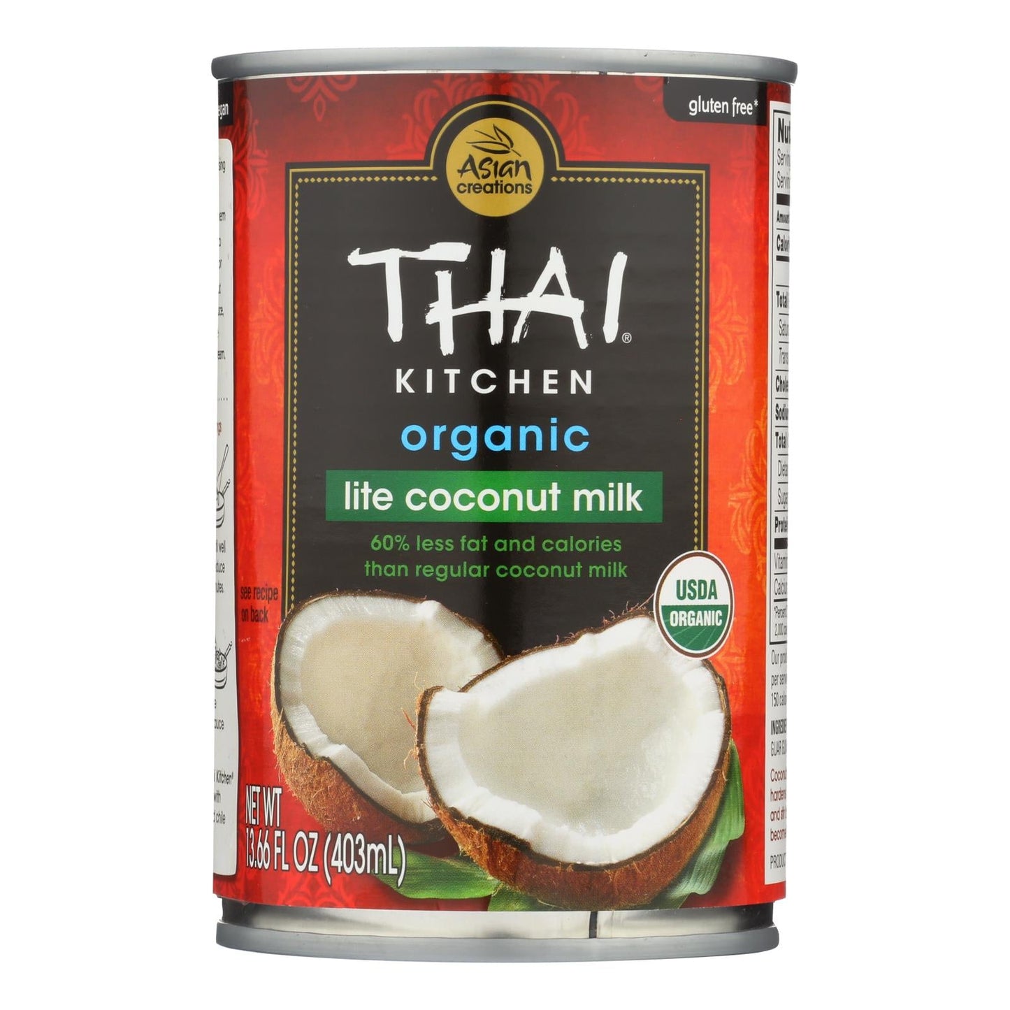 Thai Kitchen Organic Lite Coconut Milk - Low Fat, Unsweetened (Case of 12, 13.66 Fl Oz. Each)